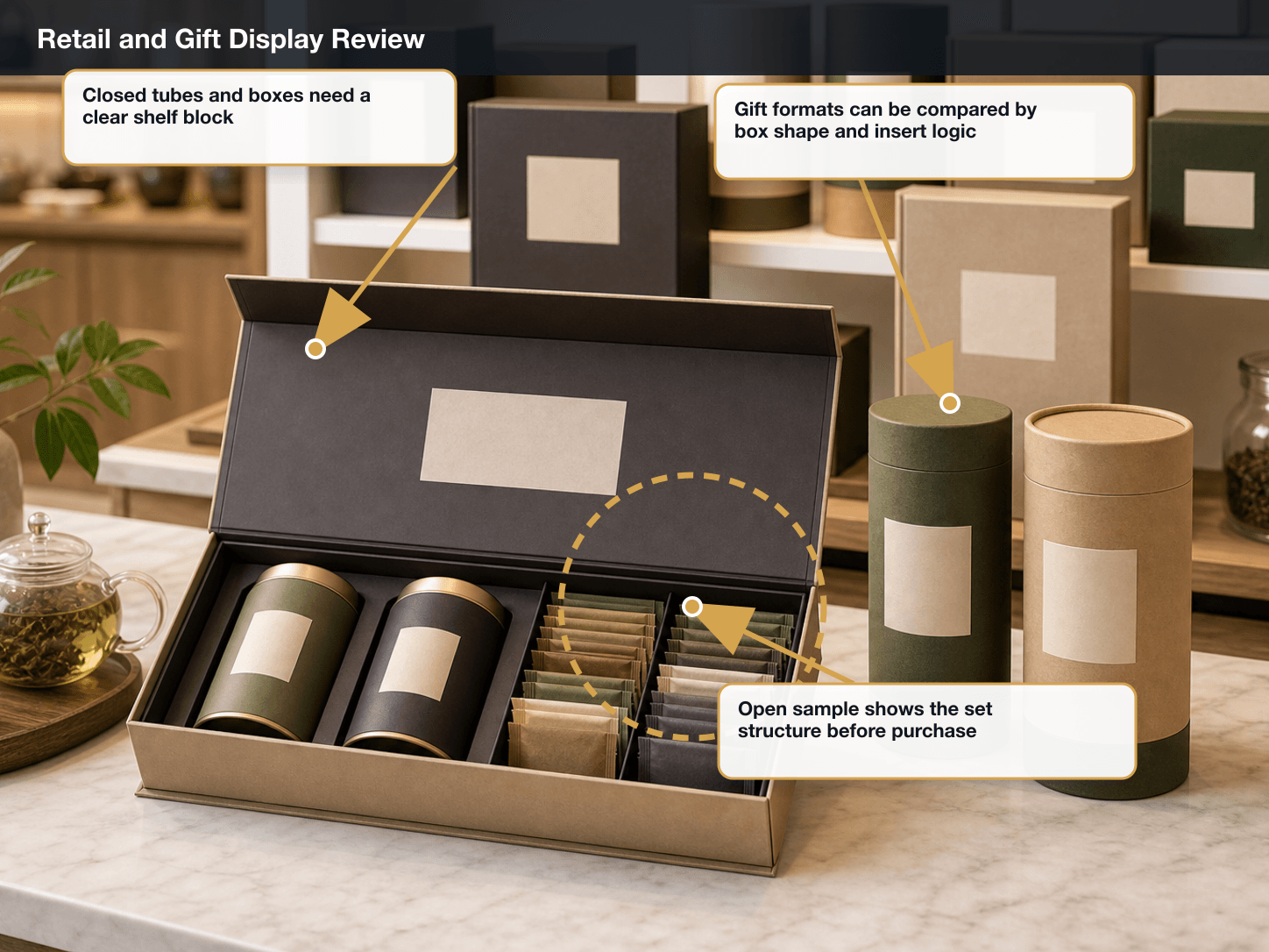 Premium Tea Retail and gift display review annotated A+ content image