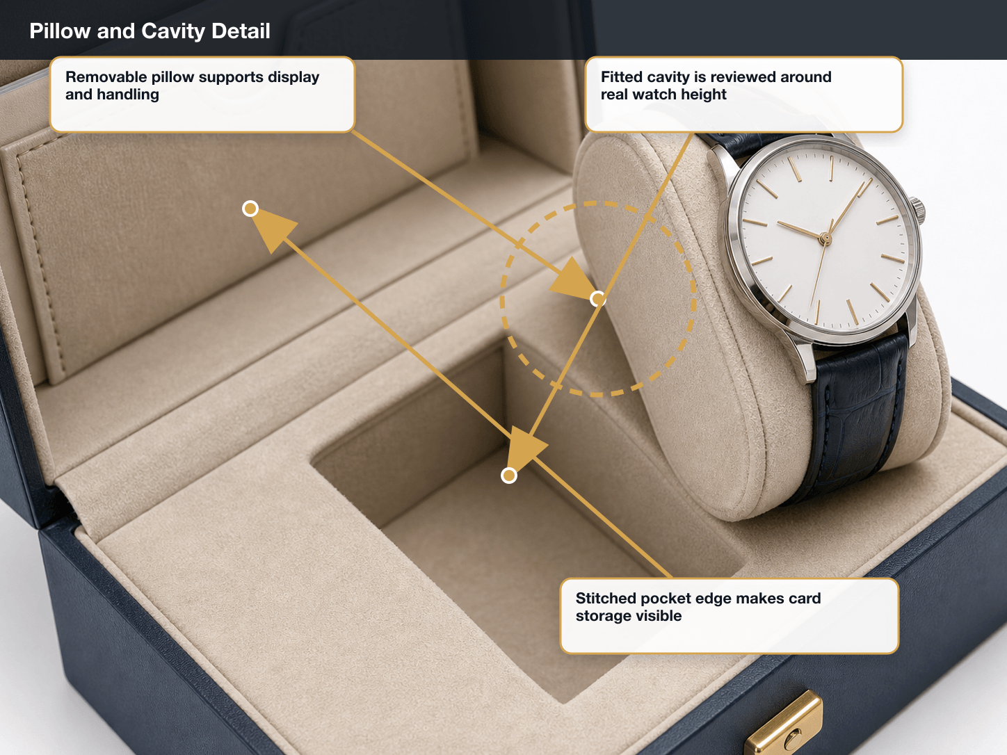 Luxury Watches Pillow and cavity detail annotated A+ content image