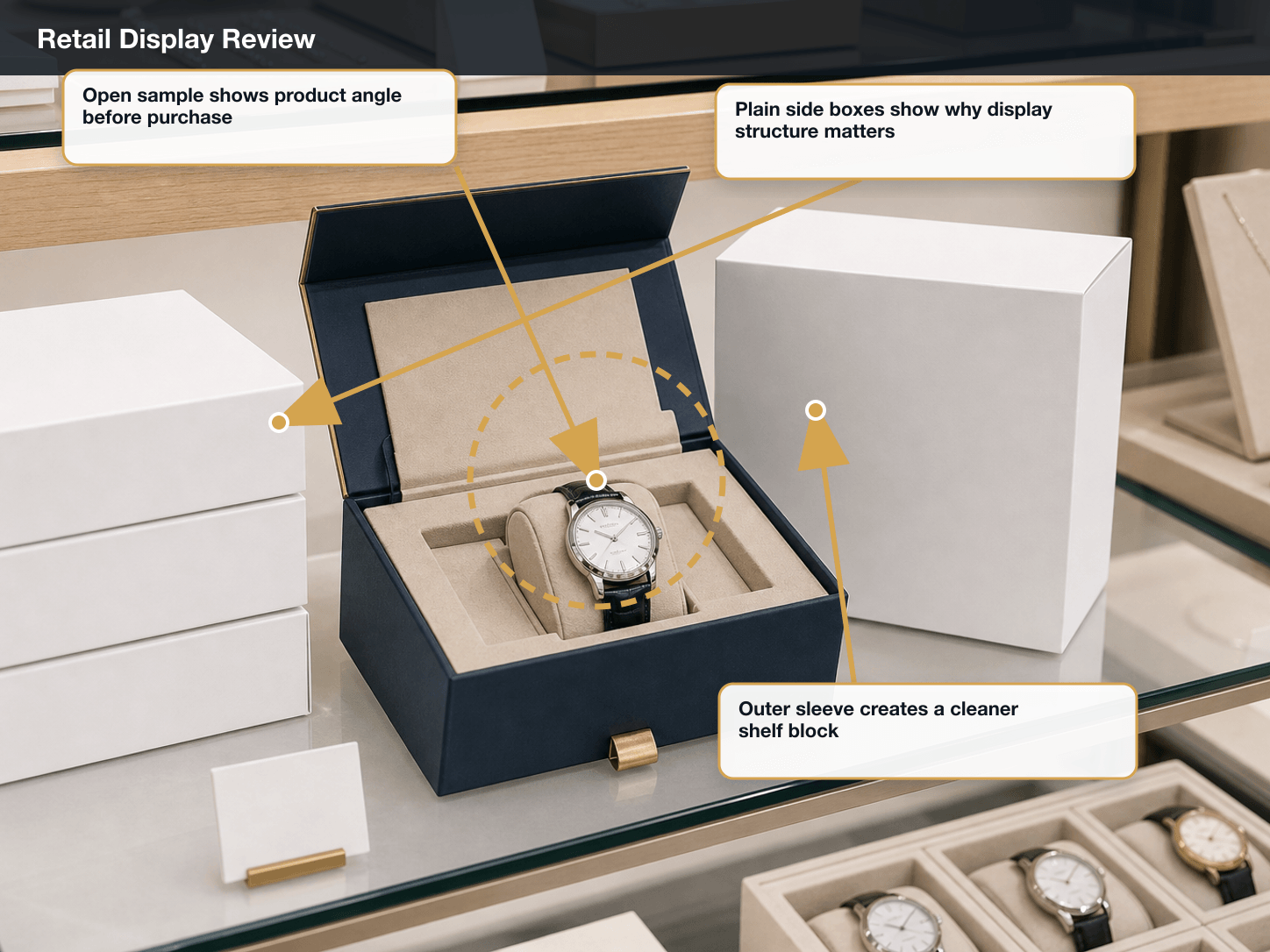 Luxury Watches Retail display review annotated A+ content image